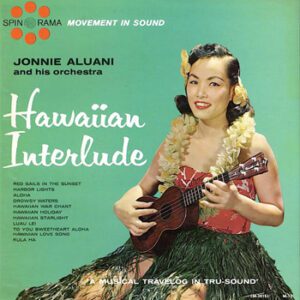 Woman with flowers in her hair playing a ukulele on the cover of jonnie aluani's "hawaiian interlude" album.